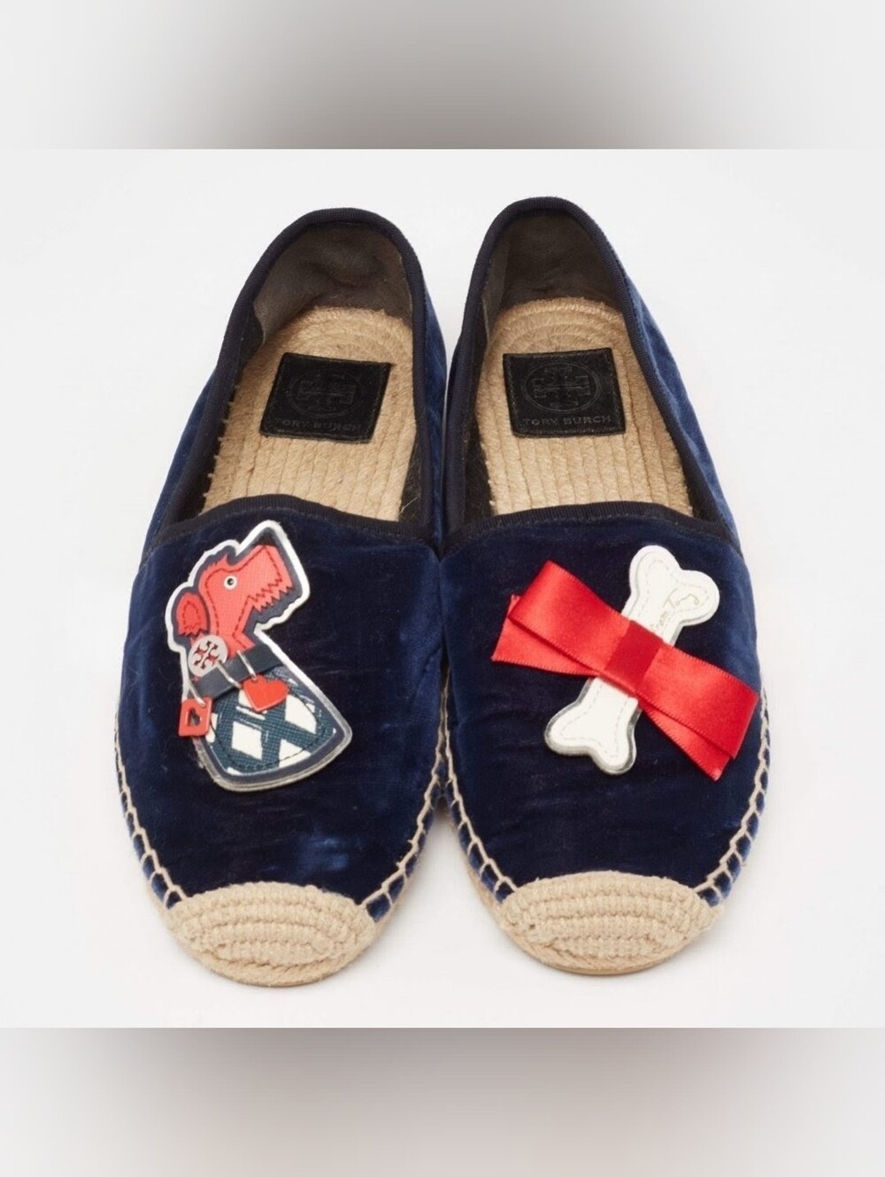 Tory Burch "Beacher" Velvet Espadrilles with Dog & Bone Embellishments- Size 6.5